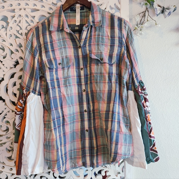 THE MORGAN FACTORY UPCYCLED PLAID LONG SLEEVE TOP BUTTUN DOWN SIZE MEDIUM - Picture 2 of 14